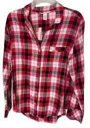 NEW Victorias Secret PJ Pajama Top S Pink Red Black Plaid Button Front NWT