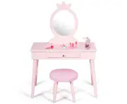 Kids Vanity Makeup Table Set Princess Dressing Table w/Cushioned Stool & Drawer Pink