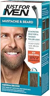Just For Men Mustache & Beard, Beard Coloring for Gray Hair with Brush Included for Easy Application, With Biotin Aloe and Coconut Oil for Healthy Facial Hair - Medium Brown, M-35