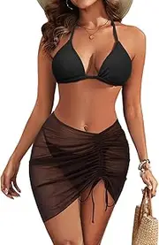 [Yonique] 3 Piece Swimsuits for Women- Halter Bikini with Cover Up Cute Swimsuit Set Cheeky Sexy Bathing Suit 2025