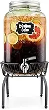 2 Gallon Beverage Dispenser with Stand and Lid, 18/8 Stainless Steel Spigot - Mason Jar Drink Dispensers with Lids, Glass Drink Dispensers for Parties