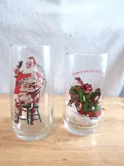 1982 HOLLY HOBBIE COCA COLA Glass Holly Robby Sledding + Santa Holding Coke