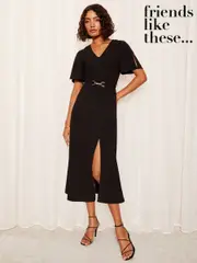 Friends Like These Black Short Tulip Sleeve Ruched Body Midi Dress (AN9296) | $108