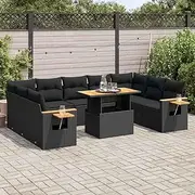 Patio Furniture Sets 10 Piece Garden Sofa Set with Cushions Black Poly Rattan Acacia