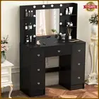 Dressing Table Makeup Mirror Dresser Vanity 10 LED Bulbs Black Crystal Handle