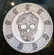 222 Fifth Fine Porcelain Cake Display Stand Plate SKULL LACE Halloween Dish