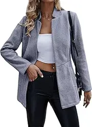 [Jhsnjnr] Women's Open Front Elegant Blazer Long Sleeve Stand-Up Collar Warm Long Jacket Coat Business Tweed Suit Jacket