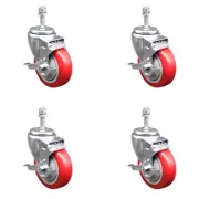 4 Inch SS Red Polyurethane Swivel 3/8 Inch Threaded Stem Caster Set Brake SCC