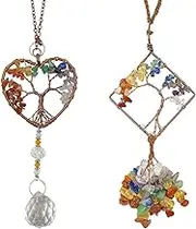 AFUNTA Tree of Life Mirror Hanging Accessories, 2 Pcs Crystal Suncatcher Ornament for Car Window Pendant (7 Chakras)