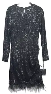 Nicole Miller Sequin Mini Dress Long Sleeve Feather Trim Black Women's Sz 4 NWT