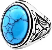 [Ymall] Vintage Style Men's Ring, Blue Turquoise Stone, Silver Eagle Design