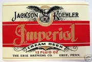 Jackson Koehler Imperial Beer Bottle Label Erie Pa