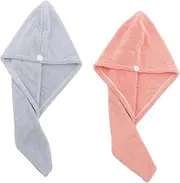 2Pcs Coral Fleece Hair Dryer Cap Quick Drying Hair Towels with Button Design for Women Lightweight Portable Dry Hair Hats Pink for Home Travel