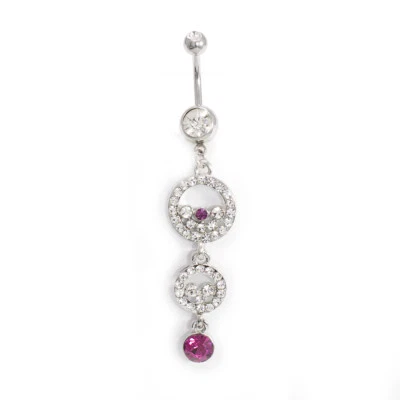 Belly Button Ring Double Circle Navel Ring 14G Steel 10mm Dangle Purple CZ Gems