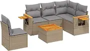 vidaxl Garden Sofa Set- Beige Poly Rattan Furniture- Modular 6-Piece Outdoor Couch- Cushions & Storage- Patio Terrace Backyard Seating- Waterproof, UV Resistant