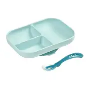 Beaba Silicone Baby Infant Toddler Suction Divided Plate & Spoon - Blue