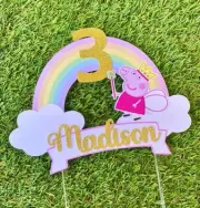 CUSTOM Peppa Pig Rainbow Glitter Cake Topper Party Birthday Personalised