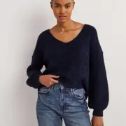 Boden NWT Navy Sparkle Ribbed Fluffy V-Neck Wool Alpaca Blend Sweater Size 14