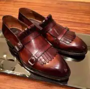 Handmade Men Double Monk Strap Fringes Dress Shoes, Real Leather Shoes
