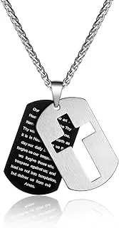 P. BLAKE Stainless Steel Dog Tag Cross Necklace for Men Boys Lord’s Prayer/Bible Verse Pendant with Wheat Chain Jewelry Gifts 24 Inches