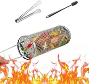 Rolling Grilling Basket with BBQ Tong and Cleaning Brush for Outdoor Grill BBQ, Stainless Steel Large Round Mesh Tube for Vegetables Fish Camping with Handle, 30cm Roast Cage for Barbecue Enthusiasts