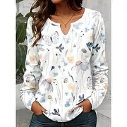 Women's T Shirt Floral Graphic Plants Vintage Stylish Classic Long Sleeve V Neck Notched Neck Regular Tops Daily Print Khaki Rose Pink Light Blue Spring Fall
