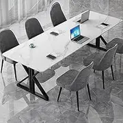 HOLGVE Small Conference Table, White Rock Slab Meeting Desk, for 4 People, Long 62.9in/160cm Seminar Training Table, for Small Space Computer Desk