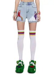 [Dolls Kill x Teletubbies] Magical Surprises Embroidered Denim Shorts
