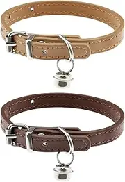 2PCS Cat Collar with a Bell PU Leather Comfortable Kitten Collars for Neck Size Adjustable Length Small Pets Supplies (Coffee & Khaki, S)