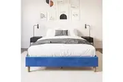 DREAMO Velvet Platform Bed Frame Mattresses Foundation Blue Queen