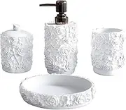 Hymmah Bathroom Accessories Set,Rose Design Set,Farmhouse Decor,4 Pcs Resin Gift Set Apartment Necessities, Contain Cotton Swab Jar,Soap Dispenser,Soap Dish,Tumbler White,190489TA-SET