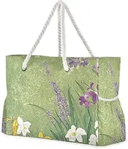 [Yoogain] Spring Flowers Orchid Daffodil Lavender Green Sandproof Tote Bags With Zipper with side pocketes Large Weekender Bag for Travel Gym Vacation, Spring Flowers Orchid Daffodil Lavender Green, 1