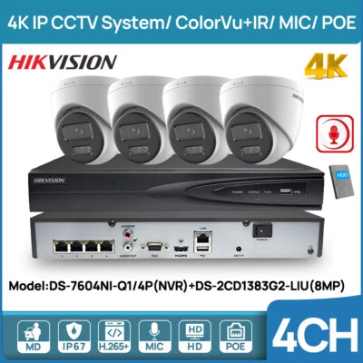 Hikvision 4CH 4K NVR 8MP IP Camera Security CCTV System MIC ColorVu+IR POE IP67