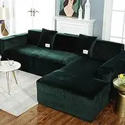 Lfdlmj 2 Pieces Velvet Dark Green L-Shaped Sofa Cover Set, Super Stretch Sectional Couch Covers, Printed L-Shaped Sofa Slipcovers for Pets (L-Shape 3+3 Seats)