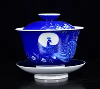 在飛比找Yahoo!奇摩拍賣優惠-清景德珍藏青花孔雀紋茶碗10*10m700元1443 粉彩 