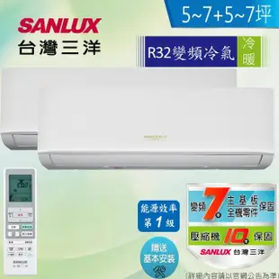 【SANLUX 台灣三洋】5-7坪+5-7坪一對二變頻冷暖分離式R32(SAC-BV70HR+SAE-V36HR3+SAE-V36HR3)