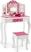 HONEY JOY Kids Vanity Table & Stool Set, Makeup Dressing Table w/Cute Polka Dot Print, 2 in 1 Vanity Table Writing Desk w/Tri-Folding Mirror & Drawer, Little Princess Pretend Play Vanity Set
