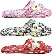 SERENITA 3 Pairs Floral Cotton House Slippers, Open Toe Indoor Slippers Comfortable Washable Portable Foldable Guest Travel Hotel Airplane Spa Slippers