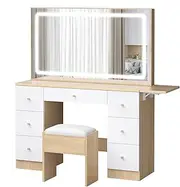 ALFORDSON Dressing Table Chair Set with Adjustable LED Mirror 140cm, Wood White Color, Dress Desk with Matching Stool, Makeup Vanity Desk with Flip-up Countertop
