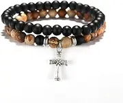 [IBOWZ] Crystal Bracelet Bead Bracelets Crystal Bracelet, 7 Chakra Natural Frosted Stone Beads Bangle Silver Cross Jewelry Yoga Elastic Charm Black Bracelets Diffuser Women Men Gift 2Pcs/Set