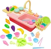 LABRIMP Pretend Play Kitchen Sink Set for Electric Dishwasher with Running Water Music and Accessories Pink Cooker Style Safe Plastic Wash Up for Boys