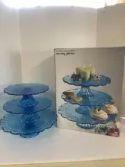 VTG Unique Laurel Leaf Sea Blue Depression Glass Cake 3 Plate Pedestal/Stands
