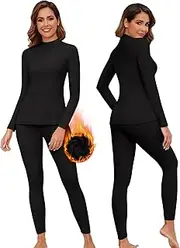 [WOWENY] Mock Neck Thermal Underwear Set For Women Long Johns Base Layer Fleece Lined Top And Bottom Cold Weather