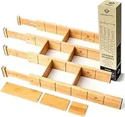 Expandable Drawer Dividers - Kitchen Drawer Organiser with 12 Inserts, Bamboo Partitions - Customisable Cutlery Organiser – Desk Drawer Organizer – Baby Clothes Drawer Organisation, Set of 4 (43-55cm)