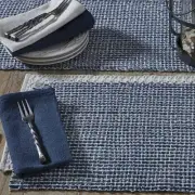 2 Tweed Denim Blue Woven Cotton Basketweave Country Cottage Placemats 13x19