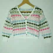 Ghanda Girls Crochet Cardigan Size 3-4 NEW Lace Cardi Stripe White Pink Green