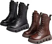 Women's Motorcycle Boot, Lace-up Combat Boots with Side Zips, Fashion Boots with Thickened Warm Plush Winter Family Friends Imtrub