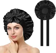 Satin Bonnet, Shower Cap for Women Silk Sleep Bonnets, Adjustable Satin Nightcap Soft Elastic Band Silk Bonnets for Sleeping, Hair Bonnet with Tie Band for Women (Black)