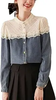 [Generic] Women Lace Spliced Stand-Up Collar Shirt Fashionable Denim Blue Long-Sleeve Blouse Button Down Shirts
