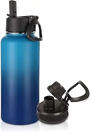 Volhoply 32 oz Water Bottle with Straw Lid & Spout Lid,Insulated Sports Water Bottle,Double Wall Vacuum Stainless Steel Thermos,Leakproof Wide Mouth Metal Flask,Keeps Cold or Hot(Green Blue,1)